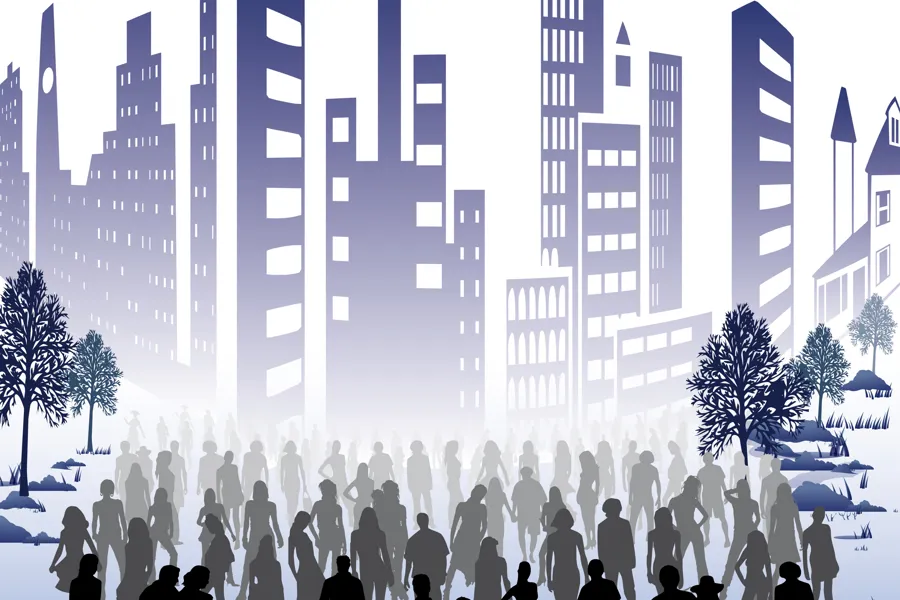 En gruppe mennesker foran en bygning med mange vinduer