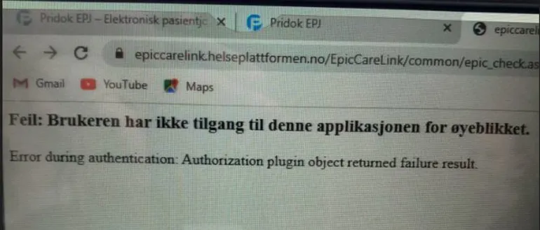 Skjermdump: feil ved pålogging