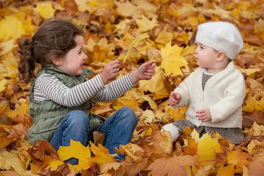 Et par barn som sitter i en haug med blader